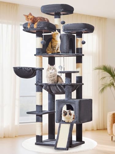 Taoqimiao MS047G Kratzbaum mit Kratzstämmen, XXL-Katzenturm für große Katzen mit Kratzbrett, extra große Metall-Hängematte, 3 Sitzstangen, 2 große Höhlen, Hängekorb, MS047G, Rauchgrau Taoqimiao MS047G Kratzbaum mit Kratzstämmen, XXL-Katzenturm für große Katzen mit Kratzbrett, extra große Metall-Hängematte, 3 Sitzstangen, 2 große Höhlen, Hängekorb, MS047G, Rauchgrau von Taoqimiao