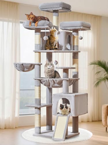 Taoqimiao MS047W Kratzbaum mit Kratzstämmen, XXL-Katzenturm für große Katzen mit Kratzbrett, extra große Metall-Hängematte, 3 Sitzstangen, 2 große Höhlen, Hängekorb, MS047W, Hellgrau von Taoqimiao
