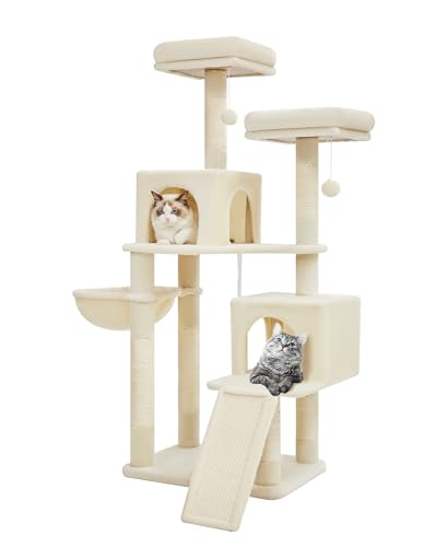 Taoqimiao Taoqimiao 56,3 Zoll Katzenbaum, Katzenturm mit Kratzstämmen, Katzenbaumhaus für Indoor-Katzen mit Hängematten, Spielzeug, Condo und großem Kratzbrett, Beige MS012M von Taoqimiao