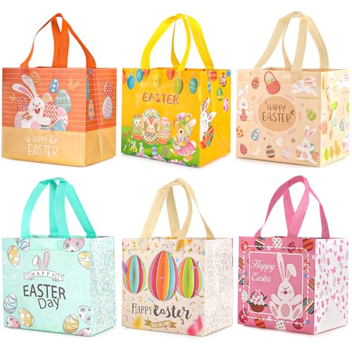 Tapvai Geschenktüten Ostern,Ostertüten zum Befüllen,6 Stück Geschenktüten Mit Griffen,Wiederverwendbar Tüten Ostern,mit Hasen Ostereiern Deko-Mustern,von Geschenken,Eiersuche,Partyzubehör von Tapvai