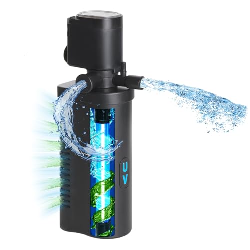 Tararium Aquarium Filter mit U-V-Lampe – 4-in-1 Tauchpumpe für Betta, Schildkröten & Meer-/Süßwasser (40-150 Liter, 600 L/h) – Gegen trübes Wasser & Algen von Tararium