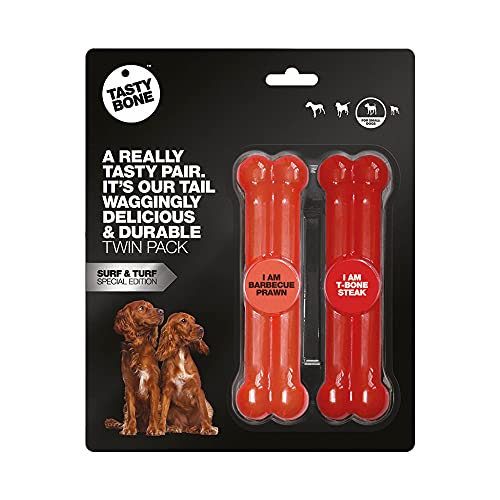 Rosewood 57192 Doppelpack TastyBone Hundespielzeug aus Nylon, Sonderedition mit BBQ Garnelen - und Steak - Geschmack, 15cm von Tasty Bone