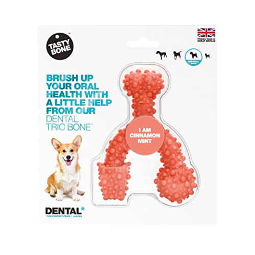 TastyBone TrioBone Hundekauspielzeug für kleine Hunde aus Nylon mit Zimt-Minzgeschmack, hilft dabei, den Atem des Hundes zu verbannen, fördert gesunde Zähne und Zahnfleisch, dreifach Spaß, hergestellt von Tasty Bone