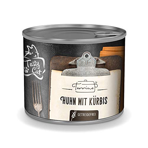 Tasty Cat Terrine Nassfutter für Katzen Huhn mit Kürbis 6 x 180g. | getreidefrei | in Soße | Monoprotein | zuckerfrei von Tasty Cat