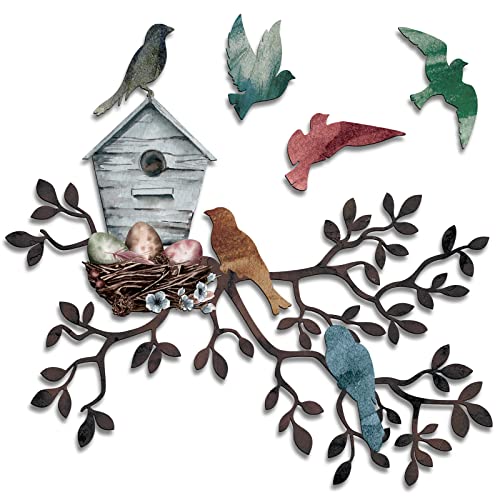 Tatuo Metall-Baum zum Aufhängen mit Vogelhaus, Wandkunst, Outdoor-Wanddekoration, Vogeldekorationen für das Zuhause, Metallblatt-Wanddekoration für den Außenbereich, Innenbereich, Akzent, mehrfarbig von Tatuo