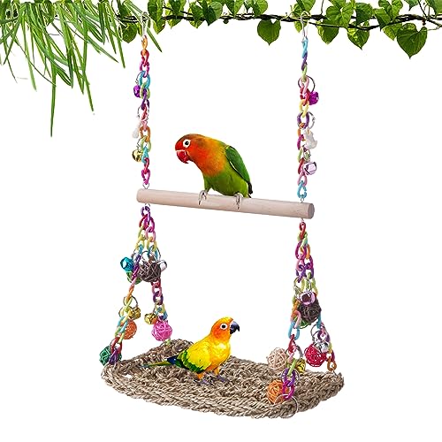 TeTupGa Vogelschaukel Spielzeug mit Holzstange, Seegras, gewebte Papageienplattform, Vogelklettern, Hängematte, Vogelsitzstange, Kauspielzeug für Sittiche, Wellensittiche, Sittiche, Sittiche, von TeTupGa