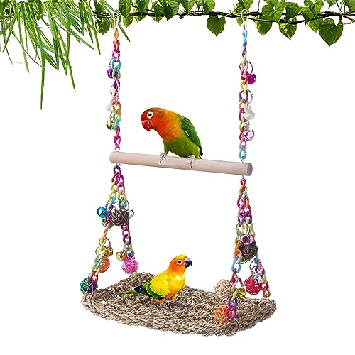 TeTupGa Vogelschaukel Spielzeug Papageienspielzeug mit Holzstange, Seegras, gewebte Papageienplattform, Vogelklettern, Hängematte, Vogelsitzstange, Kauspielzeug für Sittiche, Wellensittiche, Sittiche von TeTupGa