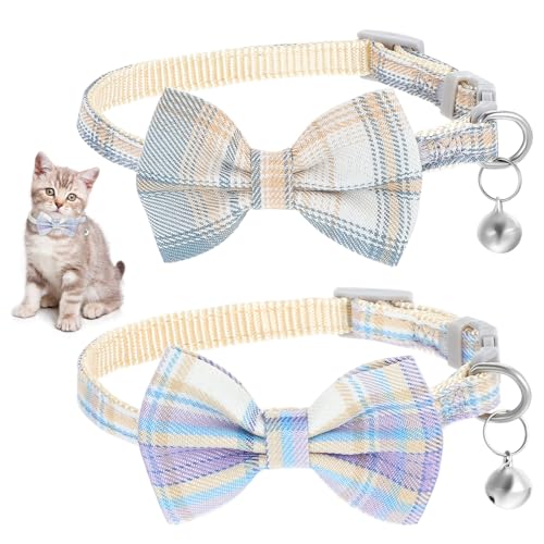 Katzenhalsband mit Glöckchen, Fliege, verstellbar, mit Glocke und Schnalle, für Kätzchen, Welpen und kleine Haustiere, Beige, Blau, 2 Stück Katzenhalsband mit Glöckchen, Fliege, verstellbar, mit Glocke und Schnalle, für Kätzchen, Welpen und kleine Haustiere, Beige, Blau, 2 Stück von Teaaha