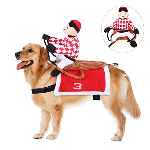Teahutty Halloween Jockey Sattel Hund Pferd Kostüm, Hund Weihnachten Kostüm, lustige Haustiere Party Cosplay Bekleidung Hund Reiter Kleidung, rot von Teahutty