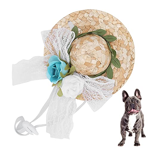Teahutty Haustierhut, Mini-Haustier-Sombrero, Mexikanische Hüte, Geburtstagsparty-Hüte für Haustiere mit Blumen für Kleine und Mittelgroße Hunde und Katzen(XS-Weiß blau grün Blumen) von Teahutty