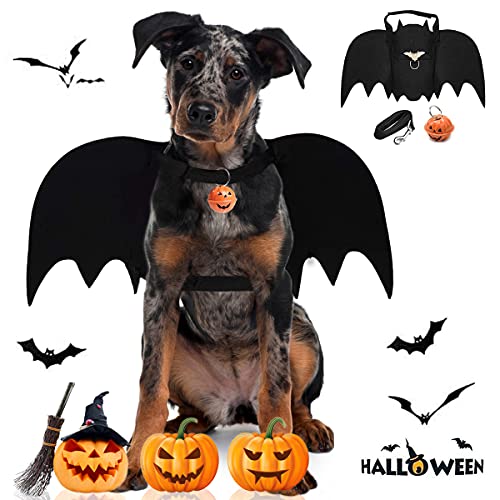 Halloween-Kostüm für Hunde, Fledermausflügel, Welpen-Cosplay-Kleidung mit Hundeleine und Kürbisglocken, verstellbare Fledermausflügel für Party-Outfit-Kleidung von Tealots