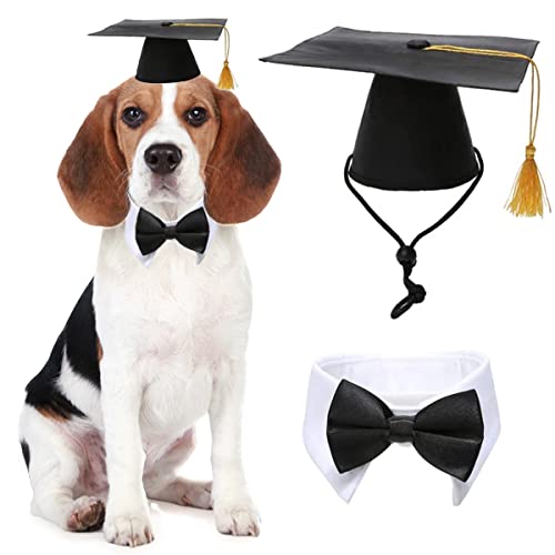 Hunde-Abschlusskappen-Set, Haustier-Hüte mit Krawatte/Fliege/Bandana, Urlaubsparty-Kostüm, Abschluss-Krawatte für Hunde, Katzen, Arztmütze, Abschlusskleid, Outfits (Hut + Fliege) von Tealots