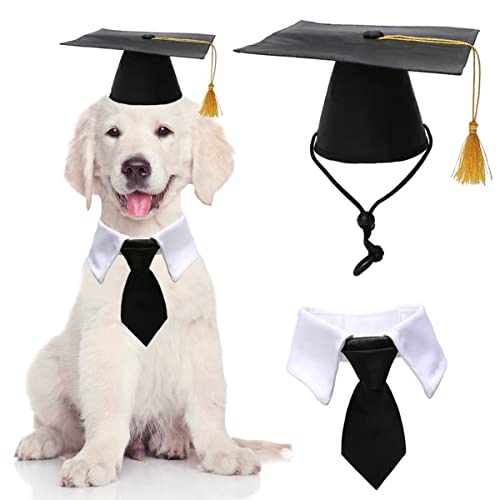 Hunde-Abschlusskappen-Set, Haustier-Hüte mit Krawatte/Fliege/Bandana, Urlaubsparty-Kostüm, Abschluss-Krawatte für Hunde, Katzen, Doktorhut, Abschlusskleid, Outfits (Hut + Krawatte) von Tealots