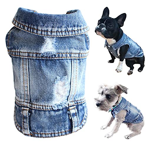 Hunde-Jeansjacke, Haustier-Kleidung, blaues Welpen-T-Shirt, cooles Denim-T-Shirt für kleine und mittelgroße Hunde Katzen, Outfits mit Revers Welpen, Vintage-Kostüm, bequem kühl (XS) von Tealots