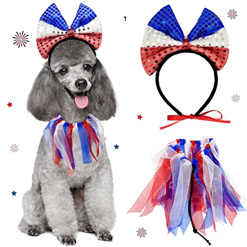 Patriotisches Hunde-Kostüm, Anzug 4. Juli, Haustier-Stirnband, Lätzchen, Halstuch, Unabhängigkeitstag, Bekleidung Outfit für kleine, mittelgroße Hunde, Katzen, Dekorationen (7,4 Stirnband-Lätzchen) von Tealots