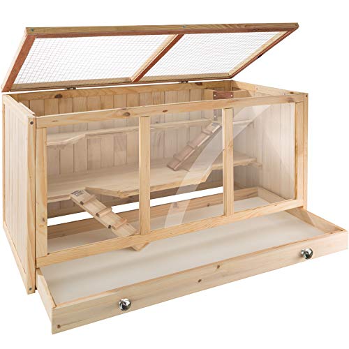 TecTake 403230 Nagerkäfig aus Holz mit Häuschen, Bewegungsfreiheit durch mehrere Etagen, aufklappbares Dachgitter, Schaufenster aus Kunststoffglas von TecTake