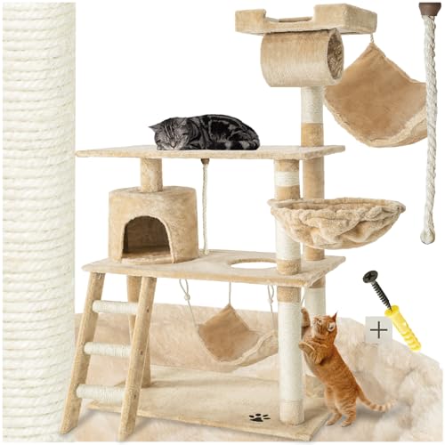 tectake Katzen Kratzbaum, Katzenbaum, Kletterbaum, 141cm hoch, Katzenhaus Indoor mit Hängematte, Höhle, Spielseil und Treppe, Plüsch Sisal, Katzen Kratzmöbel mit Spielzeug, extra breit - beige von tectake