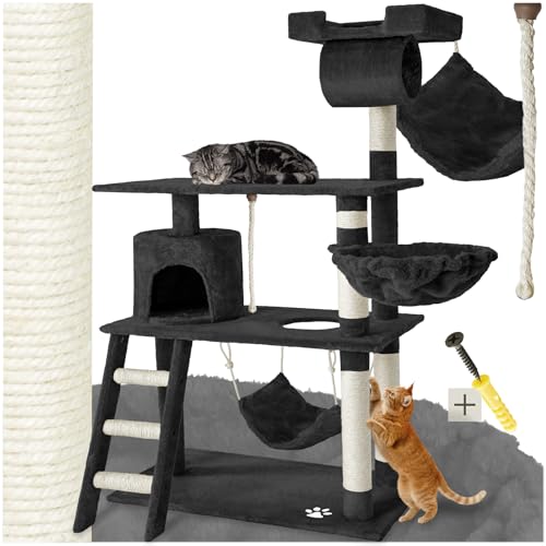 tectake Katzen Kratzbaum, Katzenbaum, Kletterbaum, 141cm hoch, Katzenhaus Indoor mit Hängematte, Höhle, Spielseil und Treppe, Plüsch Sisal, Katzen Kratzmöbel mit Spielzeug, extra breit - schwarz von tectake