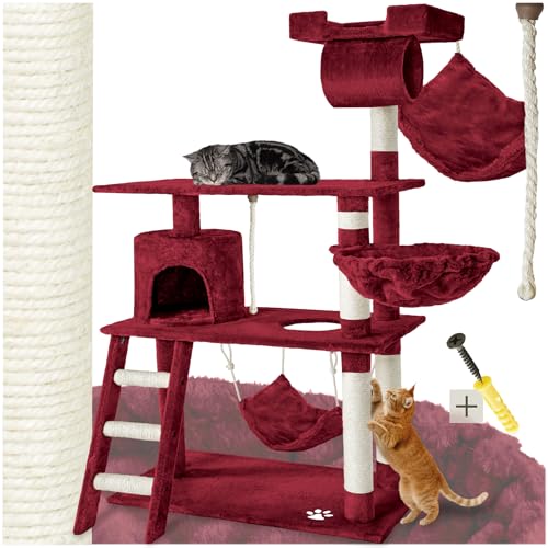 tectake Katzen Kratzbaum, Katzenbaum, Kletterbaum, 141cm hoch, Katzenhaus Indoor mit Hängematte, Höhle, Spielseil und Treppe, Plüsch Sisal, Katzen Kratzmöbel mit Spielzeug, extra breit - weinrot von tectake