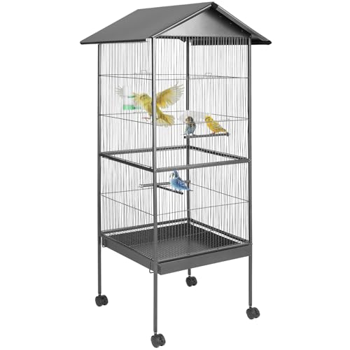 tectake 400749 Vogelvoliere Vogelkäfig mit 4 Sitzstangen, Sandschublade und Rollen, Spitzdach, 65 x 66 x 162 cm von tectake