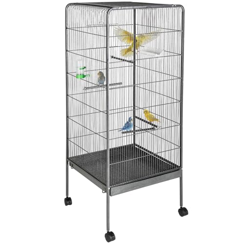 tectake® Vogelkäfig groß, Papageienkäfig mit Sandschublade, Voliere auf Rollen, Birdcage mit 4 Sitzstangen, Vogelvoliere mit Rollen, 54 x 54 x 146 cm, Nymphensittich Käfig, Vogelkäfig Wellensittich von tectake