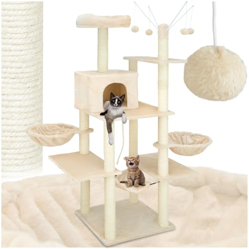 TecTake 800657 XXL Kratzbaum mit 2 Liegemulden, Hängematte, Aussichtsplattformen, Hängematte, Spielsisal, Höhe ca. 165 cm - Diverse Farben - (Beige | Nr. 402932) von tectake