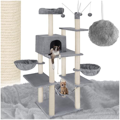 tectake® XXL Kratzbaum groß für Katzen, Zubehör Liegemulden, Katzenhängematte, Katzenhaus, Spielzeug, Sisalseil, Kratzstamm, Katzenbaum, Katzenkratzbaum Höhe ca. 165 cm - grau von tectake