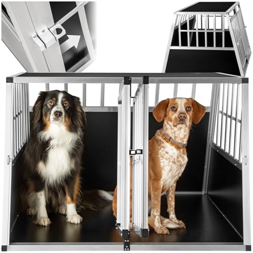 tectake Alu Hundebox trapezförmig, Aluminium Hundetransportbox mit schräger Rückwand, leicht und stabil, Auto Kofferraum Transportbox für Hunde (104x90,5x69cm | Nr. 402226) von tectake