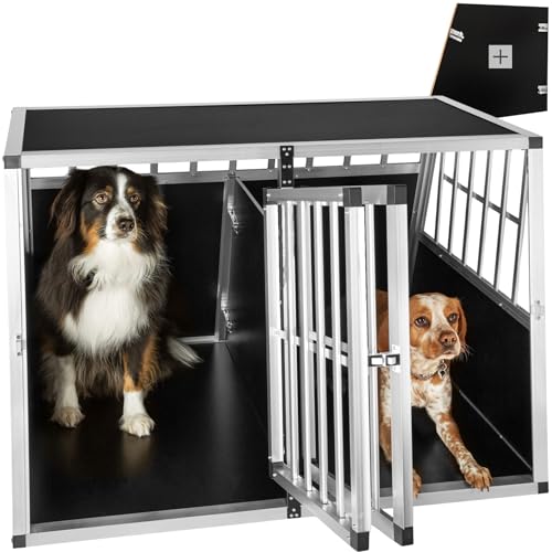 tectake Alu Hundebox trapezförmig, Aluminium Hundetransportbox mit schräger Rückwand, leicht und stabil, Auto Kofferraum Transportbox für Hunde (104x90,5x69cm mit Trennwand | Nr. 402227) von tectake