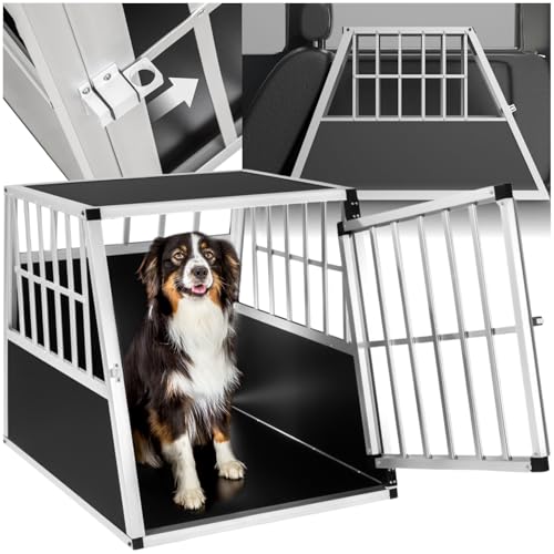 tectake® Hundebox Auto oder Hundebox für Zuhause. Aluminium Hundetransportbox mit schräger Rückwand, leicht und stabil, Auto Kofferraum Transportbox für Hunde 66x90x69,5cm von tectake