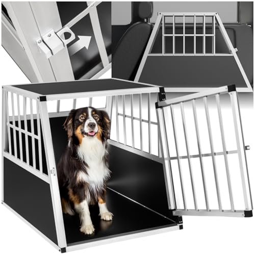 tectake Alu Hundebox trapezförmig, Aluminium Hundetransportbox mit schräger Rückwand, leicht und stabil, Auto Kofferraum Transportbox für Hunde (66x90x69,5cm | Nr. 401623) von tectake