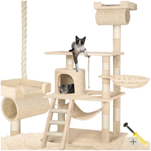 tectake Kratzbaum für Katzen mit Katzen Hängematte, Liegemulde, Höhle, Treppe, Röhre und Spielkordel, Kratzbaum groß mit Sisal und Plüsch, Kratzmöbel Katzenbaum groß XXL mit Hängematte Katze von tectake