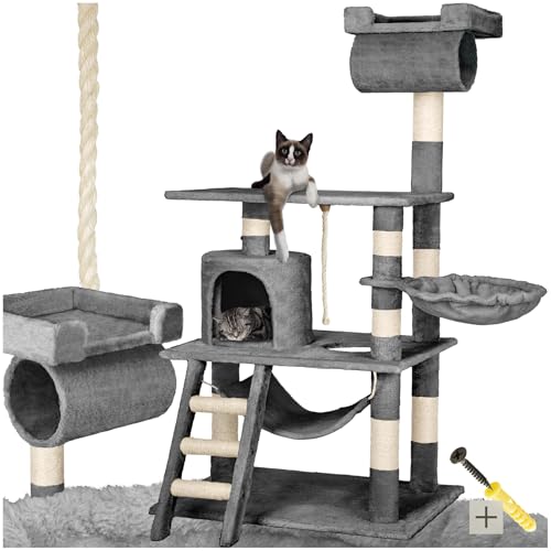 tectake Kratzbaum für Katzen mit Katzen Hängematte, Liegemulde, Höhle, Treppe, Röhre und Spielkordel, Kratzbaum groß mit Sisal und Plüsch, Kratzmöbel Katzenbaum groß XXL mit Hängematte Katze von tectake