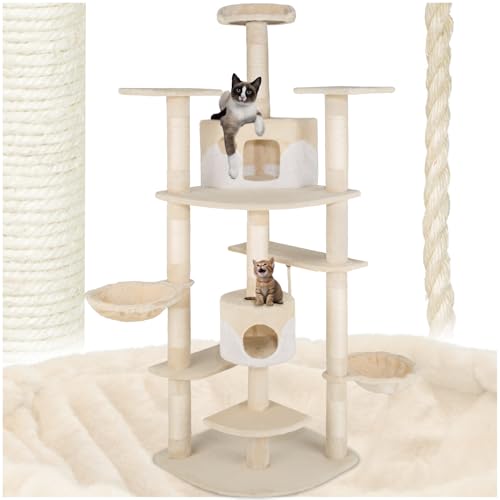 tectake® XXL Kratzbaum für Katzen, Katzenkratzbaum groß, mit Zubehör Katzenspielzeug Kordel, Liegemulde, 2X Katzenhöhle, Katzenbaum mit Kratzsäule aus Sisalseil, deckenhoch (beige/weiß) von tectake