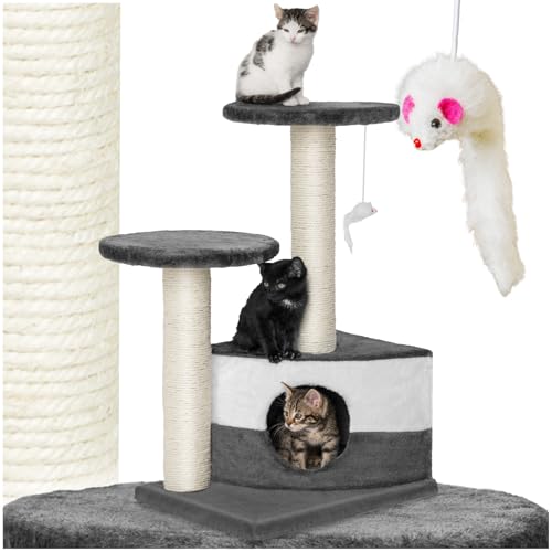 tectake® Katzen Kratzbaum, Katzenbaum klein mit Zubehör Katzen Spielzeug Spielmaus, 2X Sisalseil Kratzstamm, Kratzsäule, inkl. 2X Katzen Liegeplatz und 1x Katzenhöhle - grau/weiß von tectake