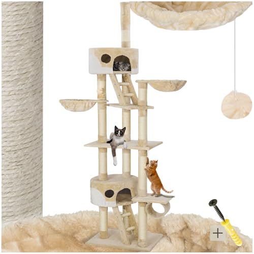 tectake Katzen Kratzbaum, Katzenbaum XXL, Kratzbaum deckenhoch, höhenverstellbar von 240-260cm, Kletterbaum mit Treppe, Höhle, Röhre, Liegemulde und Sisalsäule - beige/weiß von tectake