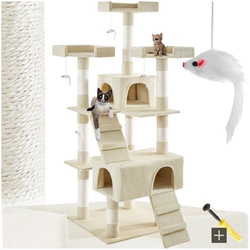 tectake® Katzen Kratzbaum groß, für Katzen und Kitten, mit 2X Katzenhaus, 4X Katzenspielzeug Spielmaus und 2X Katzenleiter zum Klettern, Kratzsäule Sisalseil, Kippschutz mit Wandmontage - beige von tectake