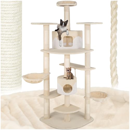tectake® Katzen Kratzbaum groß, Katzenbaum mit Zubehör und Katzenspielzeug, XXL Katzenkratzbaum mit 2X Katzenhaus, Spielturm mit Kratzsäule, Kratzstamm aus Sisal - beige/weiß von tectake