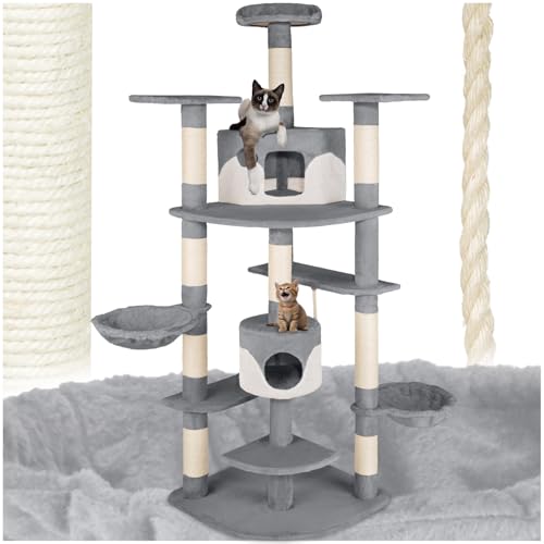 tectake® Katzen Kratzbaum groß, Katzenbaum mit Zubehör und Katzenspielzeug, XXL Katzenkratzbaum mit 2X Katzenhaus, Spielturm mit Kratzsäule, Kratzstamm aus Sisal - grau/weiß von tectake