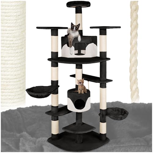 tectake® Katzen Kratzbaum groß, Katzenbaum mit Zubehör und Katzenspielzeug, XXL Katzenkratzbaum mit 2X Katzenhaus, Spielturm mit Kratzsäule, Kratzstamm aus Sisal - schwarz/weiß von tectake