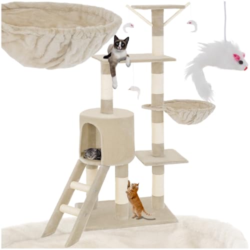 tectake Kratzbaum, Katzenbaum für Katzen, Kratzbaum mittel groß mit Sisalstangen, Höhle und Treppe, Katzenhaus 144 cm hoch, Kletterbaum für Katzen, Spielbaum für Katzen - beige von tectake