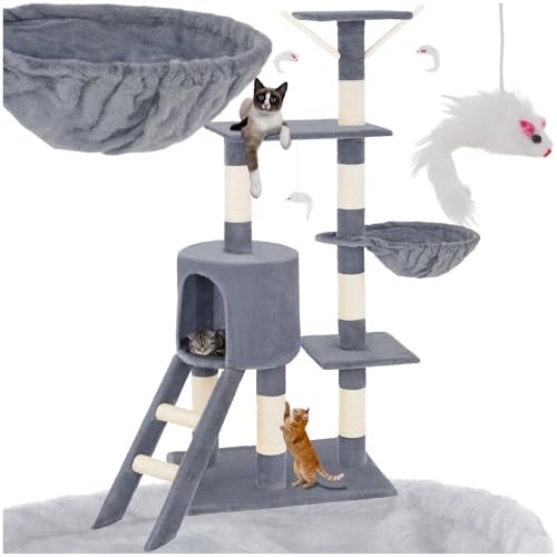 tectake Kratzbaum, Katzenbaum für Katzen, Kratzbaum mittel groß mit Sisalstangen, Höhle und Treppe, Katzenhaus 144 cm hoch, Kletterbaum für Katzen, Spielbaum für Katzen - grau von tectake