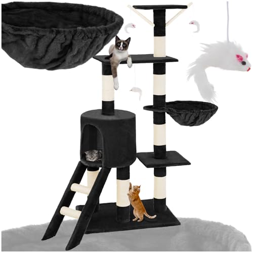 tectake® Kratzbaum, Katzenbaum für Katzen, Kratzbaum mittel groß mit Sisalstangen, Höhle und Treppe, Katzenhaus 144 cm hoch, Kletterbaum für Katzen, Spielbaum für Katzen - schwarz von tectake