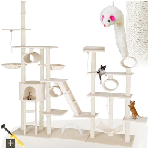 tectake 800918 XXL Katzen Kratzbaum mit 2 Spielseilen, 4 Röhren, 2 Treppen, 2 Liegemulden, Häuschen und Hängematte, deckenhoch (Beige | Nr. 403916) von tectake