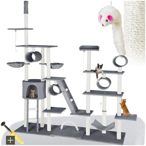 tectake® Kratzbaum XXL, Katzen Kratzbaum groß, deckenhoch, inkl. Zubehör Katzen Spielzeug, Katzen Hängematte, Kratzsäule, Katzenhaus, Katzentunnel, Liegefläche, Katzentreppe, variabel - grau von tectake