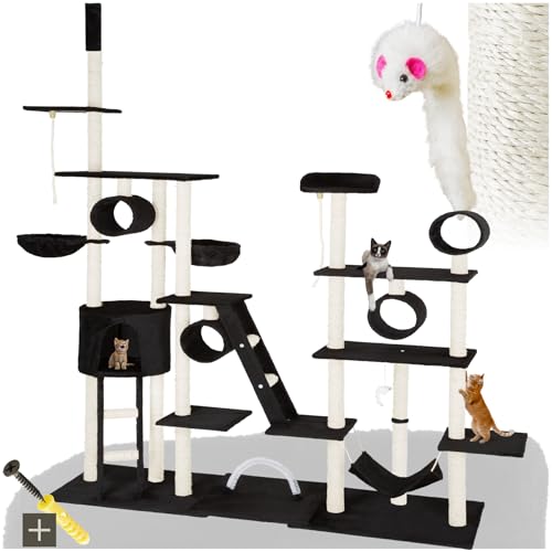 tectake® Kratzbaum XXL, Katzen Kratzbaum groß, deckenhoch, inkl. Zubehör Katzen Spielzeug, Katzen Hängematte, Kratzsäule, Katzenhaus, Katzentunnel, Liegefläche, Katzentreppe, variabel - schwarz von tectake