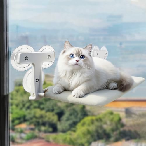 Katzen Hängematte Fenster 52x30cm, katzenbett Fenster Wendbare Matte Klappbar Katzenbett Fenster mit Stabil Saugnäpfe bis zu 18kg (Beige mit Flaum, 52X30cm) von TechVizrs