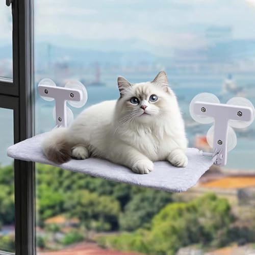 Katzen Hängematte Fenster 52x30cm, katzenbett Fenster Wendbare Matte Klappbar Katzenbett Fenster mit Stabil Saugnäpfe bis zu 18kg (Grau mit Flaum, 52X30cm) von TechVizrs