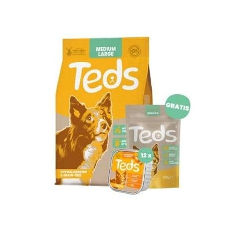 Teds 7kg + 12x150 gr + 100 gr hondenvoer Droog, natvoer & Snacks medium/Large Breed & pompoen von Teds