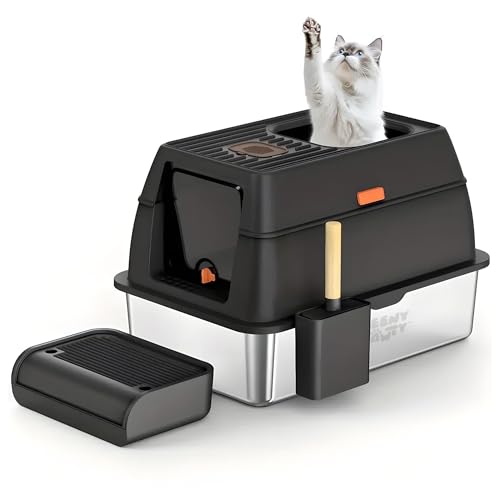TEENY PAWTY XL Katzentoilette aus Edelstahl mit Gehäuse und Kotschaufel – langlebige schwarze Metall-Katzentoilette für große Katzen, hohe Seiten gegen Auslaufen, nimmt nie Gerüche auf, von Teeny Pawty